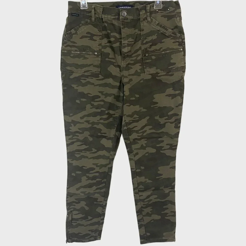 Calvin Klein Camo High-Rise Skinny Jeans Women's 31 Army Green Ankle-Zip Denim - Picture 1 of 11